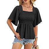 HEYTALALA Womens Summer Smocked Peplum Top Square Neck Ruffle Short Sleeve Blouse Loose Fit Babydoll Shirts 2025