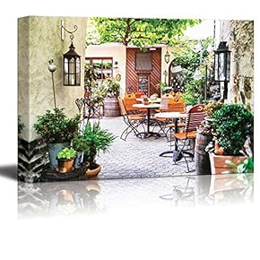 Cafe Terrace in Small European City - Canvas Art Wall Art - 12" x 18"
