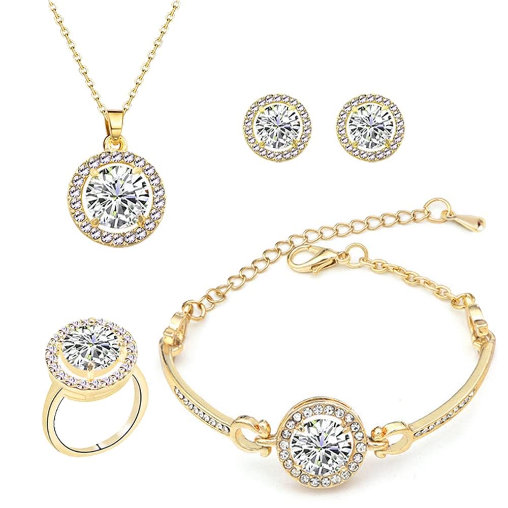 TOFBS Jewellery Set for Women and Girls Halo Pendant Necklace Earrings Bracelet and Ring Set Cubic Zirconia Jewellery Set (Gold)