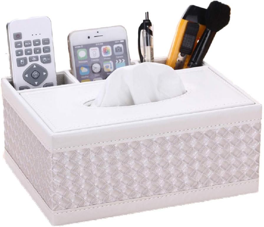 Eonyea Rectangular Tissue Box Cover, ultifunction PU Leather Pen Pencil Remote Control Tissue Box Cover Holder Desk Storage Box Container for Home and Office Use (White)