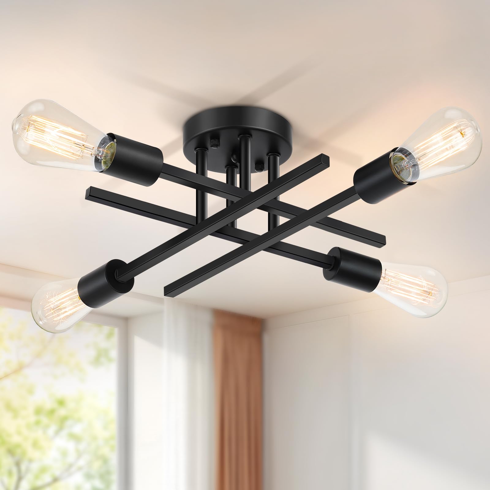 SunRider Industrial 4-Light Semi Flush Mount Ceiling Light Fixture, Indoor Farmhouse Lights Matte Black, Rustic Sputnik Chandelier for Kitchen, Large Image