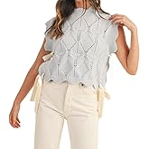 ZZEVOLSS Women Side Tie Sweater Vest Scallop Trim Mock Neck Knit Vest Bow Lace Up Ribbon Sweater Tank Top Knitwear