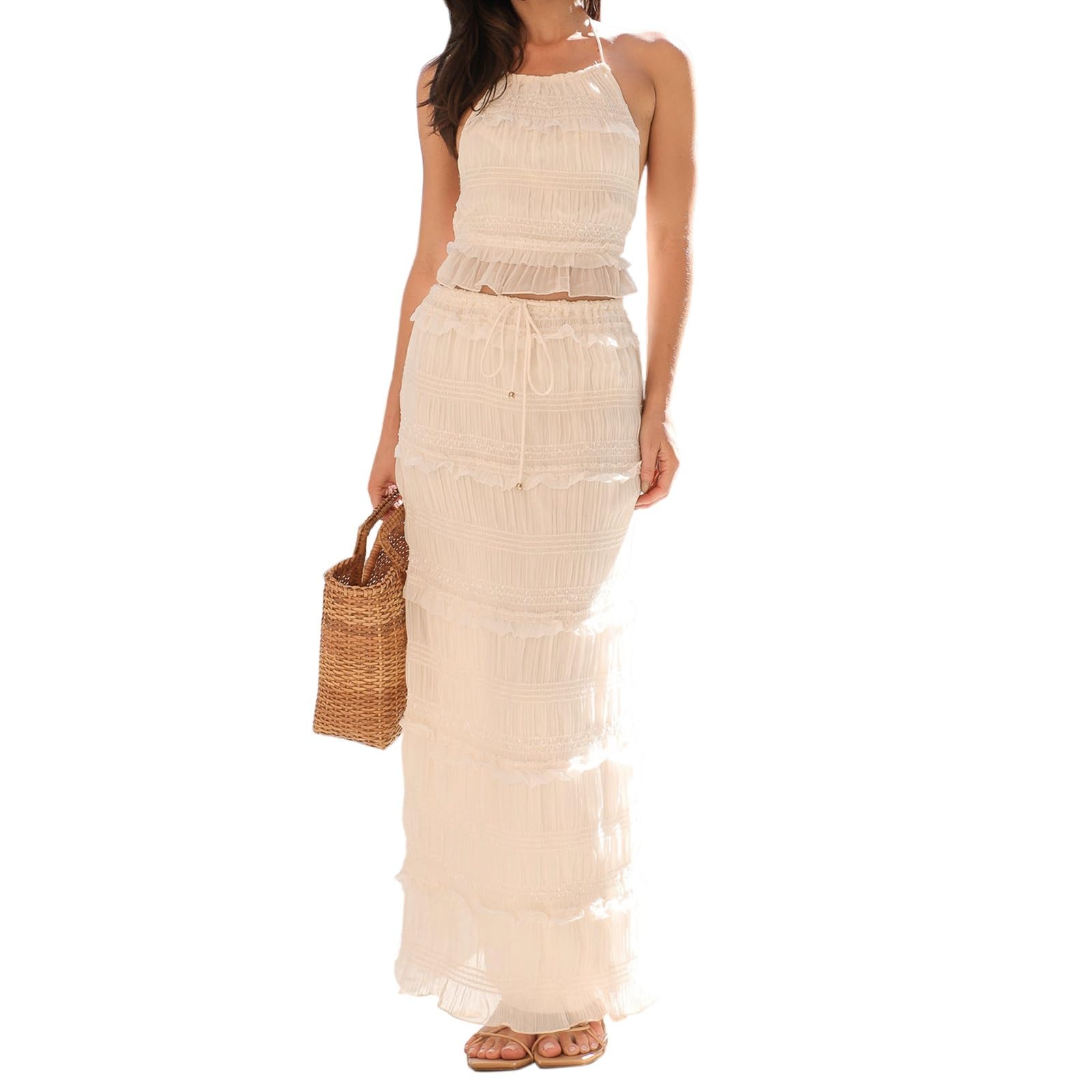 Photo 1 of ROAONOCOMO Women Y2K Ruffle 2 Piece Skirt Set Spaghetti Strap Ruched Cami Top Tiered Flowy Long Skirt Boho Beach Outfits SIZE XS/S