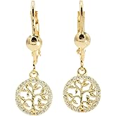 Pure Ziva Tree of Life Dangle Drop Earrings, 1.40 Inch, Gold Filled, CZ Accents, Leverback Closure