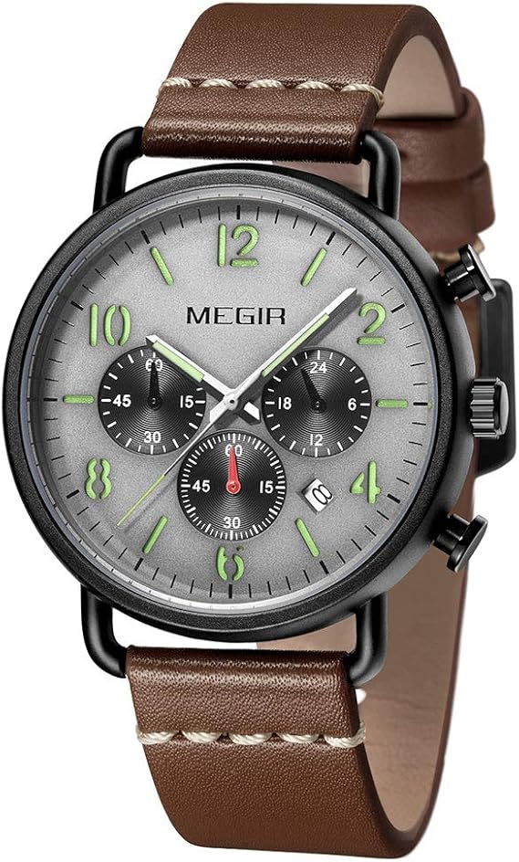 Amazon Megir メンズウォッチ ラグジュアリー トップブランド レザーストラップ クロノグラフ クォーツウォッチ メンズ ファッション ミリタリー 防水 発光 腕時計 ブラウン グレーレザー 腕時計 腕時計 通販