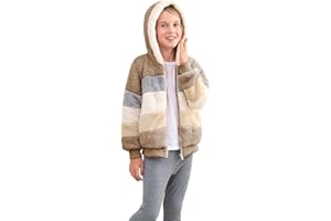 Dugcew Girls Zip up Hoodie Kids Soft Fuzzy Fleece Jacket with hood Fall winter Contrast color Pullover Sweatshirt for girls