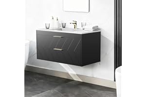 CVYIIUJ 30 Inch Bathroom Vanity with Sink, Modern Floating Bathroom Vanity with Resin Sink, 2 Large Storage Darwers, Wood Grain Texture Wall Mounted Vanity, Gold Handles