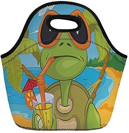 Tartaruga Tartaruga Di Mare Fredda Con Occhiali Da Sole Bere Cocktail Sulla Spiaggia Cartone Animato Verde Arancione Azzurro Per Borse Tote Termiche Per Bambini Per Bambini Amazon It Casa E Cucina