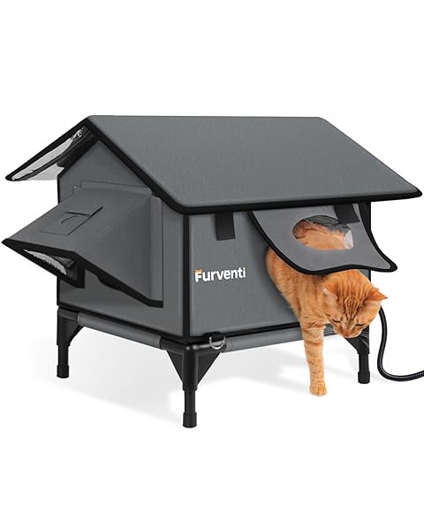 HEATED CAT HOUSE FOR OUTSIDE,EXTREMELY WEATHERPROOF&INSULATED IN WINTER,ELEVATED OUTDOOR CAT SHELTER WITH WATERPROOF EAVES&ESCAPE DOOR FOR FERAL STRAY BARN CATS(DARK GREY,S)