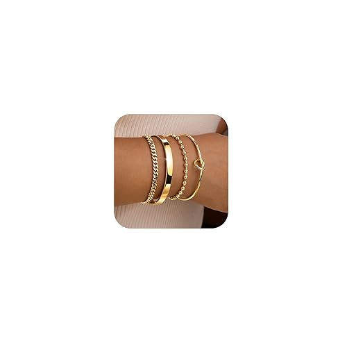Gold Stack Bracelet for Women, 14k Gold Filled Bangle Cuff Bracelet Stack Dainty Jewelry for Women, Stretch Beaded, Love Knot Cuff, Cuban Chain