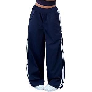 Girls Cargo Pants, Elastic Waist Wide Leg Track Pants with Side Stripes and Pockets for Teens