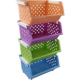 Asking 4-Pack Colorful Plastic Stackable Kitchen Storage Basket | Stacking Organizer Bin, Multi-Color Assorted Design, Stackable Structure, Spacious Inner Storage Cavity