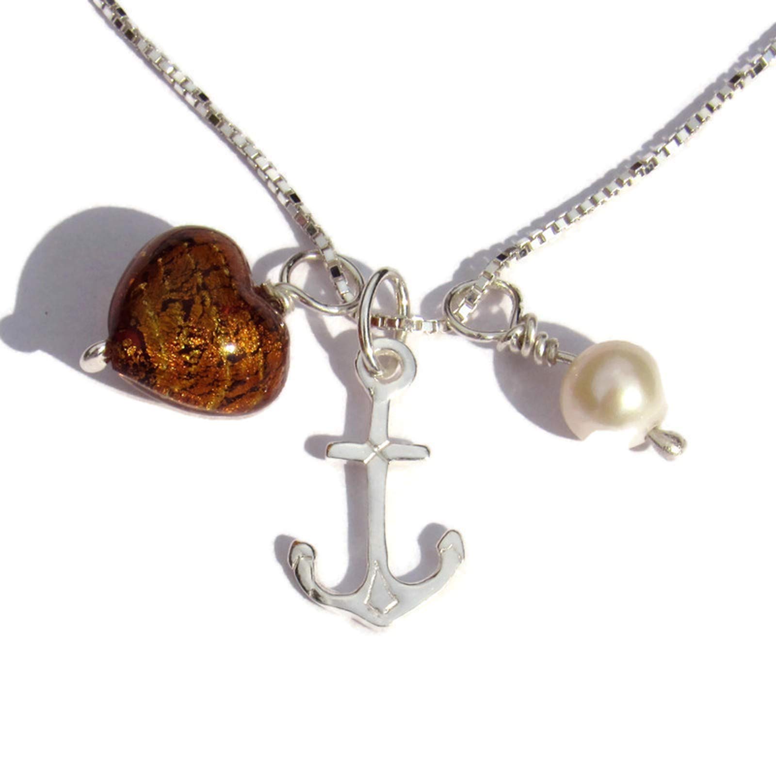 Coastal Sterling Silver 925 Charm Necklace. Yellow Murano Glass Heart, Pearl, Anchor. Gift Wrapped