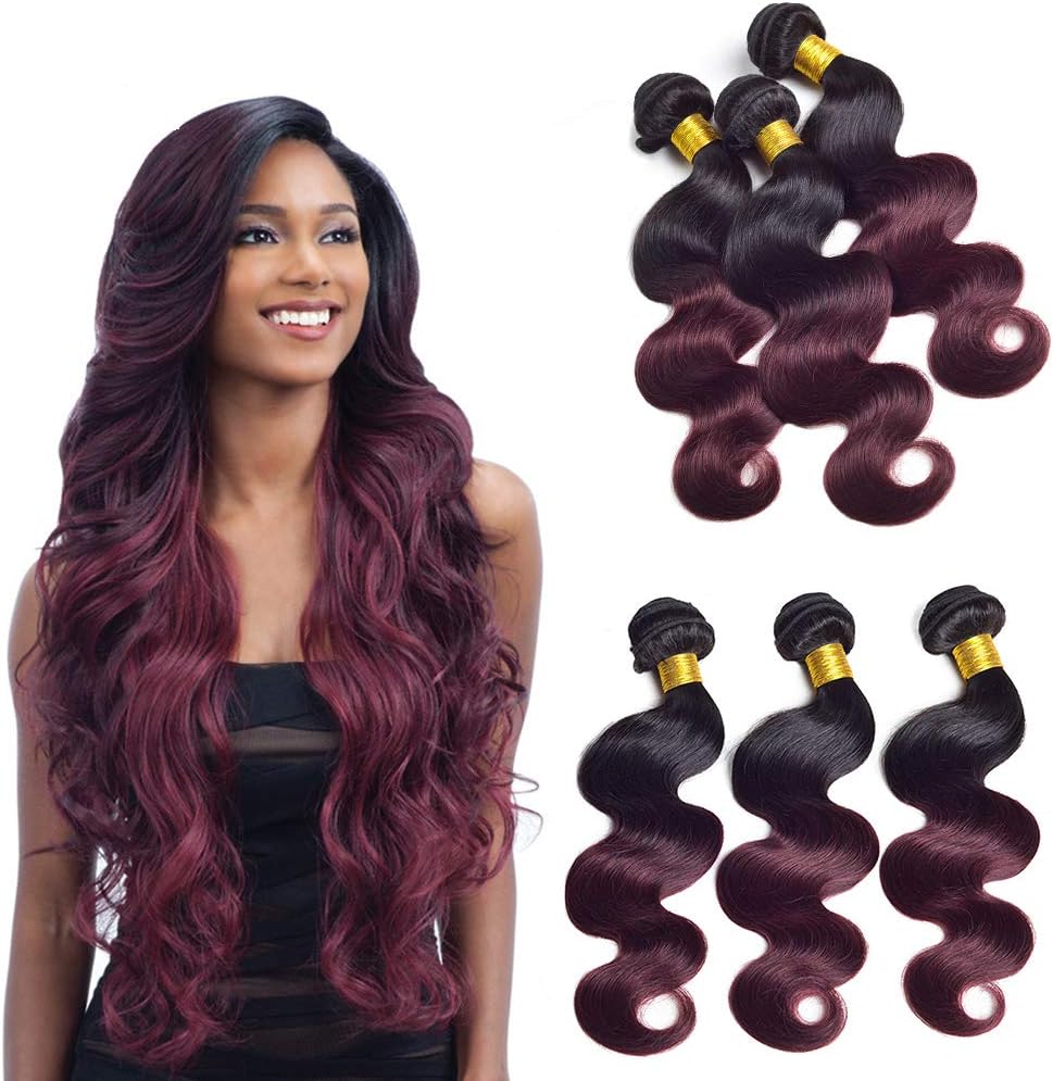 Ombre 2 Tone T1b/99j Body Wave 3 Bundles 20 22 24 Inch Brazillian Virgin Human Hair Bundles Double Weft Black To Burgundy Wine Red Full Thick Human Hair