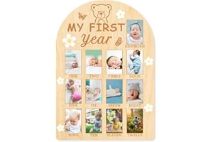 ORIGACH My First Year Baby Growth Photo Display Wood Board - 12 Months Newborn Milestones Photo Board - Neutral Baby Keepsake