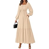 KIRUNDO Casual Fall Dresses for Women 2026 Flowy Long Sleeve Maxi Dress Smocked Empire Waist Square Neck Wedding Party
