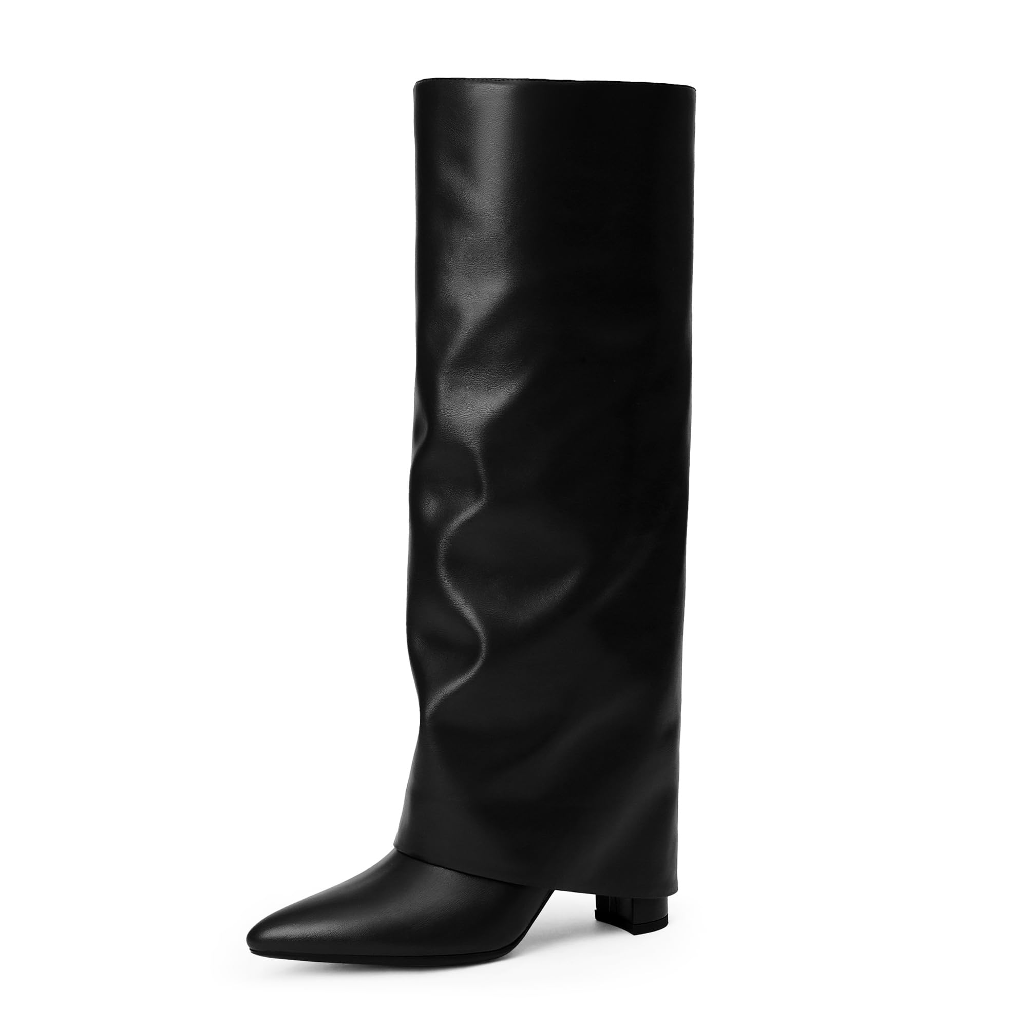 Photo 1 of Modatope Black Fold Over Knee High Pointed Chunky Heeled Tall Long Boots for Women Size 7.5