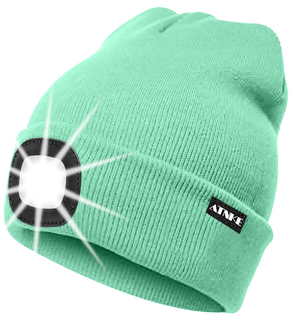 ATNKE LED Lighted Beanie Cap,USB Rechargeable Running Hat Ultra Bright 4 LED Waterproof Light Winter Warm Gifts for Men and Women/Fruit Green