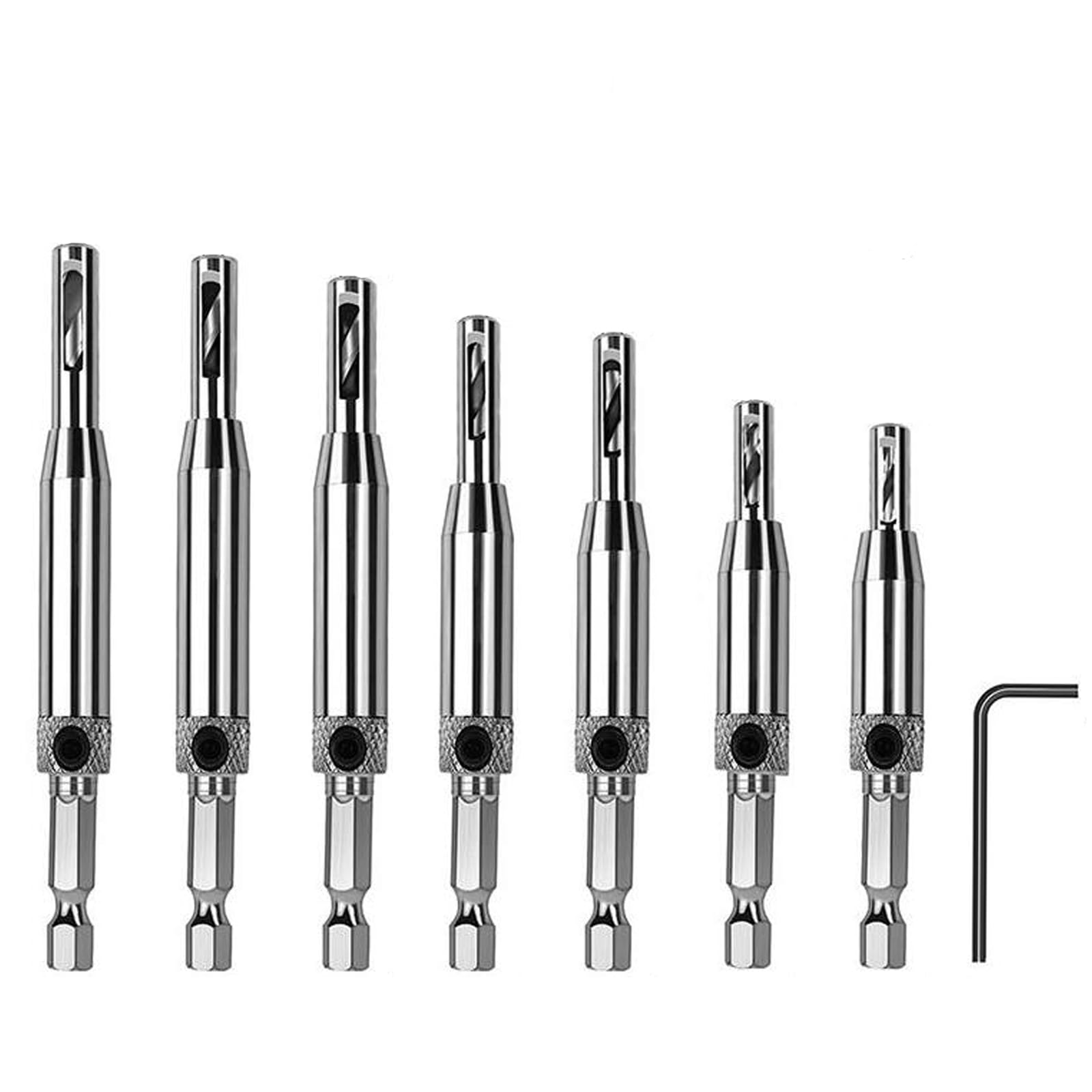 Self-Centering Hinge Tapper Core Drill Bit Set for Opening Hole 5/64 Inch 7/64 Inch 9/64 Inch 11/64 Inch 13/64 Inch 5 mm 1/4 Inch with 1 Hex Key for Woodworking Window Door Hinge