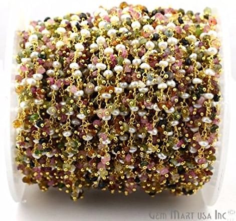 2.5mm to 3mm 24k Gold Plated Wire Wrapped Cluster Bead Rosary Chain. Choose Your Gemstone by GemMartUSA - Multi Tourmaline &amp; Pearl (GPMT-30022)