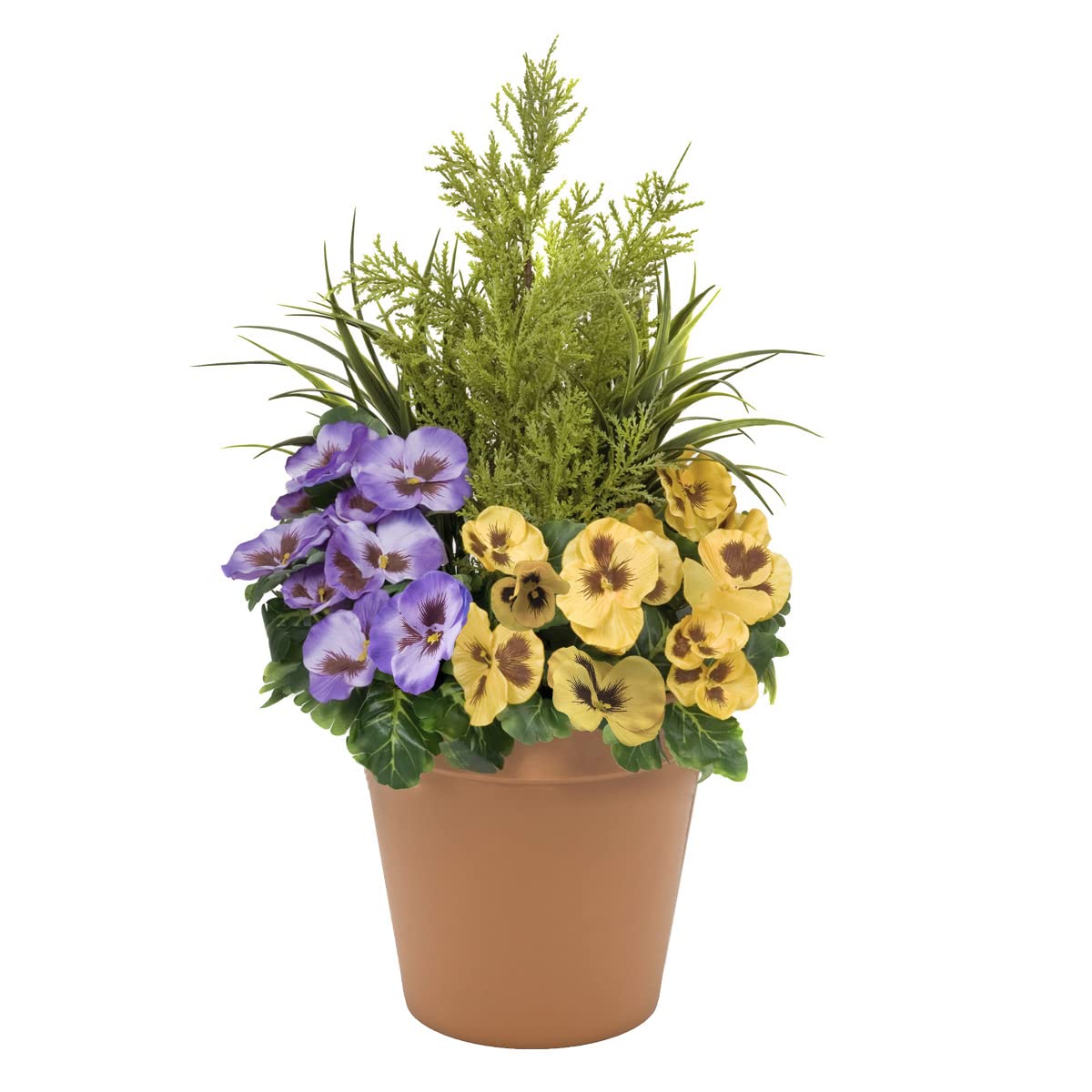 Artificial Purple and Yellow Faux Silk Pansies with Grasses/Conifer Topiary in a Terracotta Coloured Pot Patio Planter Ideal for Home, Patio, Garden Outdoor Living 60cm/23.5in