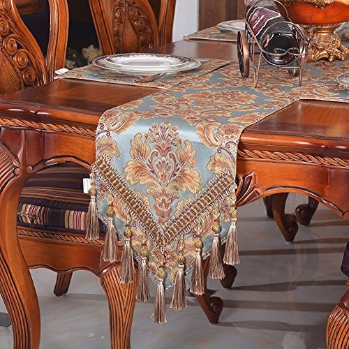 Modern Jacquard Floral Table Runner Handmade Tassel Embroidered Table Flag Blue 13 By 54 Inch