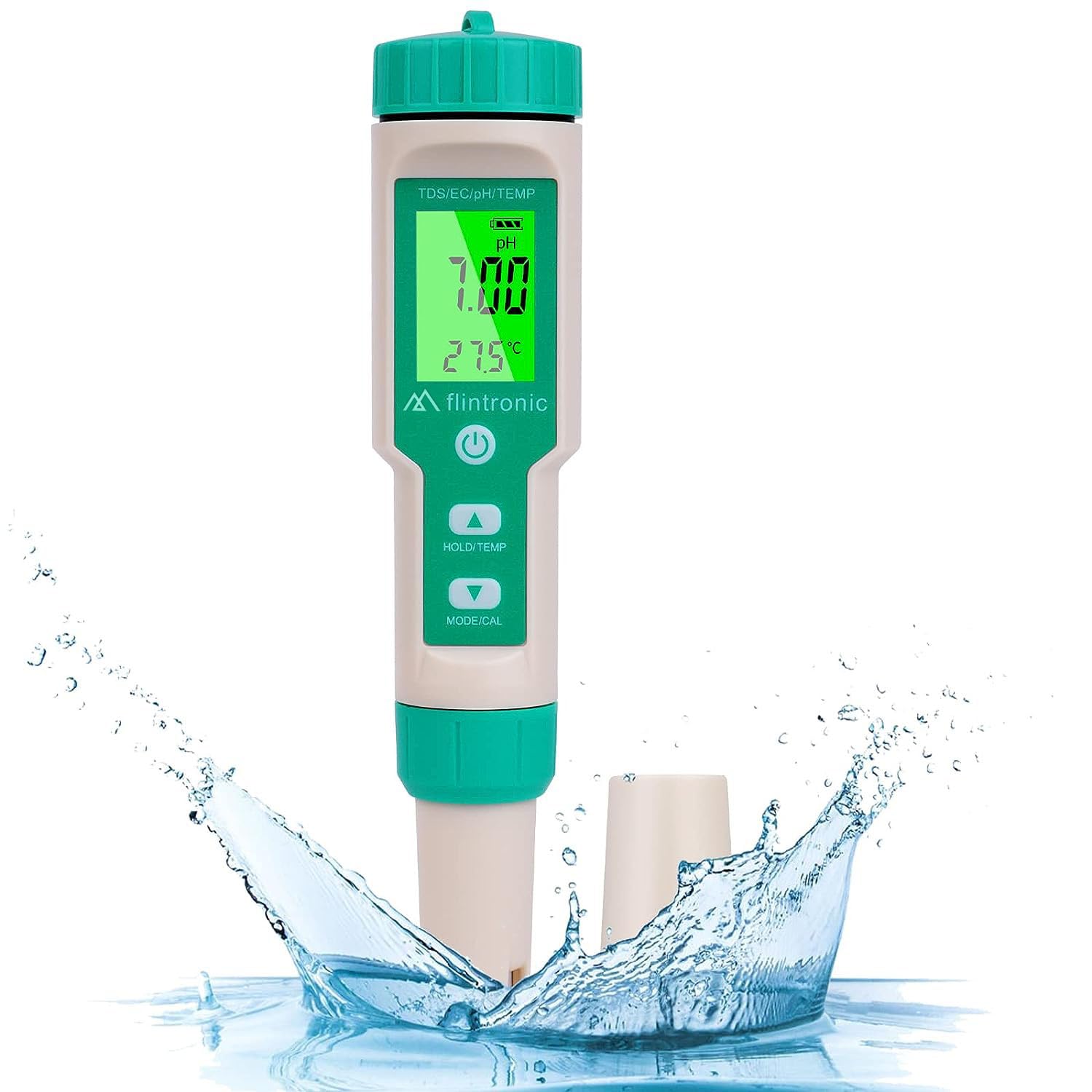 flintronic PH Meter, 4-in-1 PH/TDS/EC/Temperature Water Quality Tester, LCD Green Backlight Display Water Quality Tester for Aquarium/Hydroponics/Drinking Water/Pool/Pond (#2 4 en 1-vert)