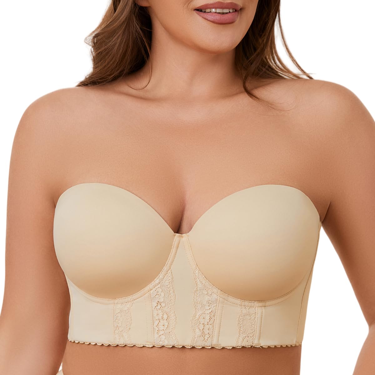 Photo 1 of COOVOICE Women Longline Seamless Strapless Bra Bust Full Back Coverage Underwire Minimizer Bra Light Beige 44B