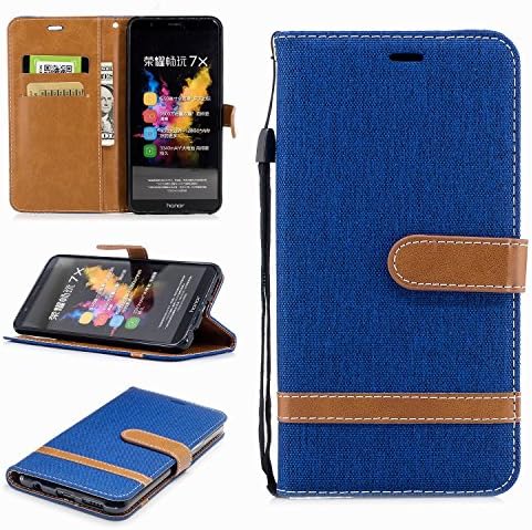 Honor 7X Case, Huawei Honor 7X Case, Jeans Denim PU Leather Magnetic Closure Flip Folio Wallet Cover Case for Huawei Honor 7X with Card Slot, Kickstand, Wrist Strap ( Color : Blue )