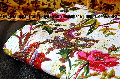 ImperialIndianCraft 100% Handmade Indian Kantha Quilt Blanket Comforter - Multicolored Flowers Bird Of Paradise Printed Quilt, Bohemian, Mediterranean Vintage Bedding PREMIUM QUALITY | TWIN SIZE