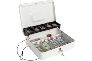 LOVNDI Large Cash Box with Money Tray and Lock, Money Box for Cash, 5 Coin Compartments, 4 Spring-Loaded, Money Safe with Security Cable (Key Lock, White new)