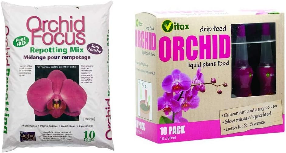 Growth Technology Ltd MDOF10 Orchid Focus Repotting Mix 10 Litre & Vitax 30ml Orchid Drip Feed Mini Bottles (Pack of 10)