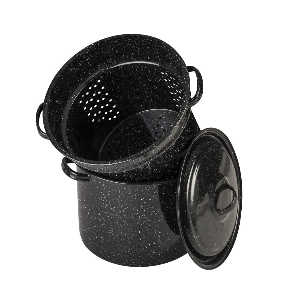 View 1 of Granite Ware 7.5 Qt 3 Piece Multiuse Pasta Pot Set, Strainer Pot with lid. (Speckled Black) Seafood, Soups, Sauce, Large Capacity. Easy to Clean. Dishwasher Safe.