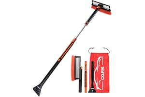 COFIT Car Snow Brush with Ice Scraper and Squeegee 3 in 1, 50" Extendable Cleaning Kit Long Handle, Windshield Snow Removal Tool Scratch Free, SUV Truck RV Window Roof Exterior Wash Supplies, Orange