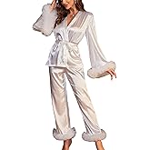 WDIRARA Women's 2 Piece Satin Pajamas Mesh Trim Flare Sleeve Wrap Belted Top and Pants Lounge Set