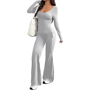 Gettalocky Workout Jumpsuits for Women Square Neck Bodycon One Piece Outfit | Tummy Control,Slim Fit Flared Pants,Soft Breath