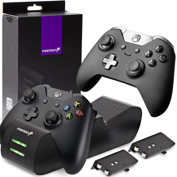 Fosmon Xbox One / One X / One S Controller Charger, [Dual Slot] High Speed Docking / Charging Station with 2 x 1000mAh Rechargeable Battery Packs (Standard and Elite Compatible)