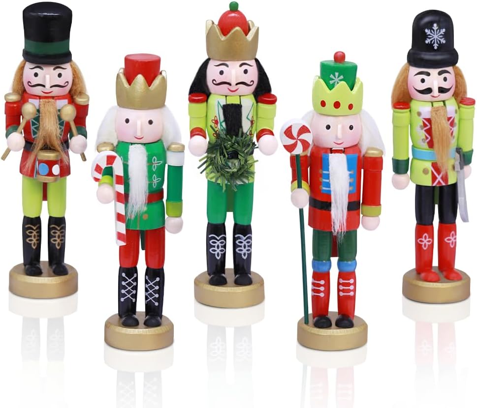 Nutcrackers - Jolik 5 PCS Christmas Nutcracker Ornament Set, Nutcracker Figures with Opening Mouths Christmas Decorations for Xmas Tree, Table Decor - Red Green