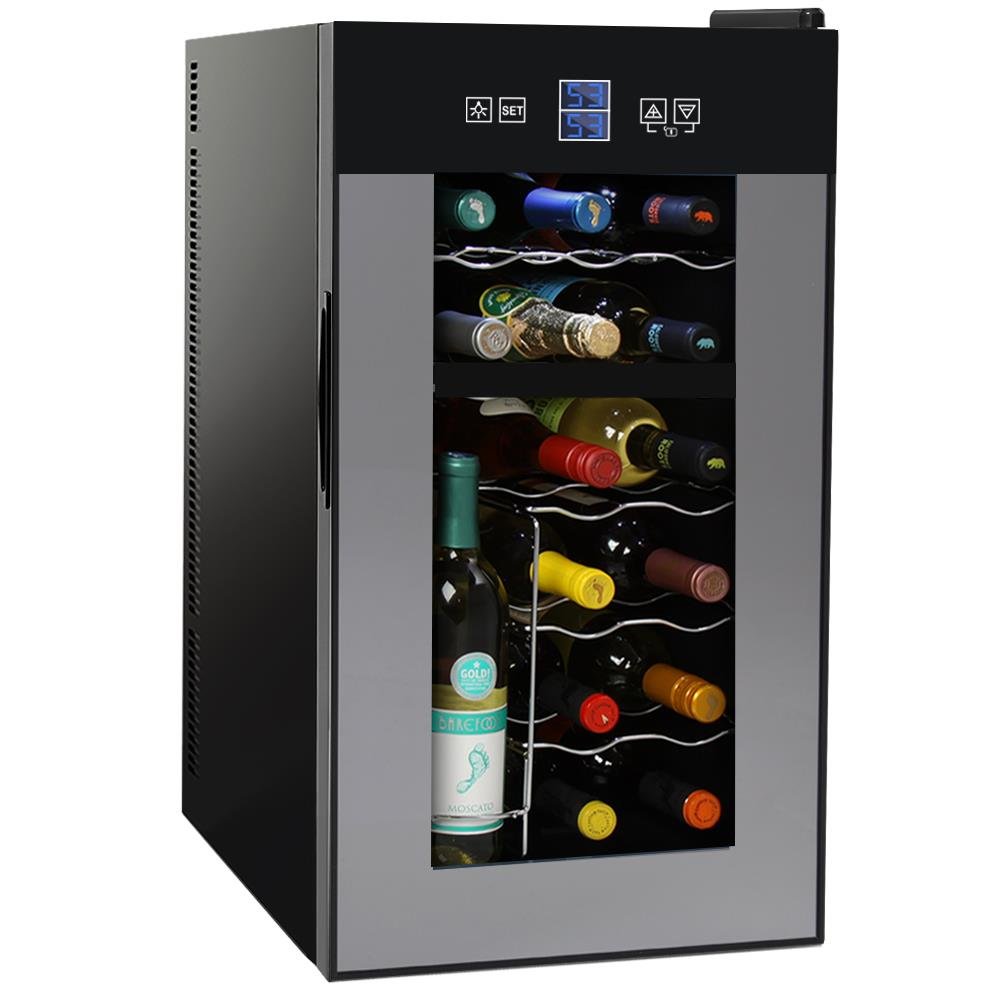 NutriChef PKTEWCDS1802 18 Bottle Dual Zone Thermoelectric Wine Cooler - Red and White Wine Chiller - Countertop Wine Cellar - Freestanding Refrigerator with LCD Display Digital Touch Controls