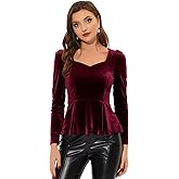 Allegra K Velvet Blouse for Women's Elegant Sweetheart Neck Long Sleeve Peplum Top