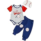 Honganda Infant Baby Boy Baseball Outfits Letter Print Striped Romper Bodysuit with Pants Hat 3Pcs Summer Clothes Set