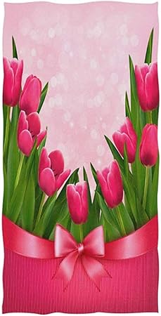 Feliz Dia De La Madre Ramo De Flores De Tulipan Rosa Con Lazo Cinta De Vacaciones Toalla De Bano Suave Toallas De Mano Absorbentes Multiuso 30x70cm Amazon Es Hogar