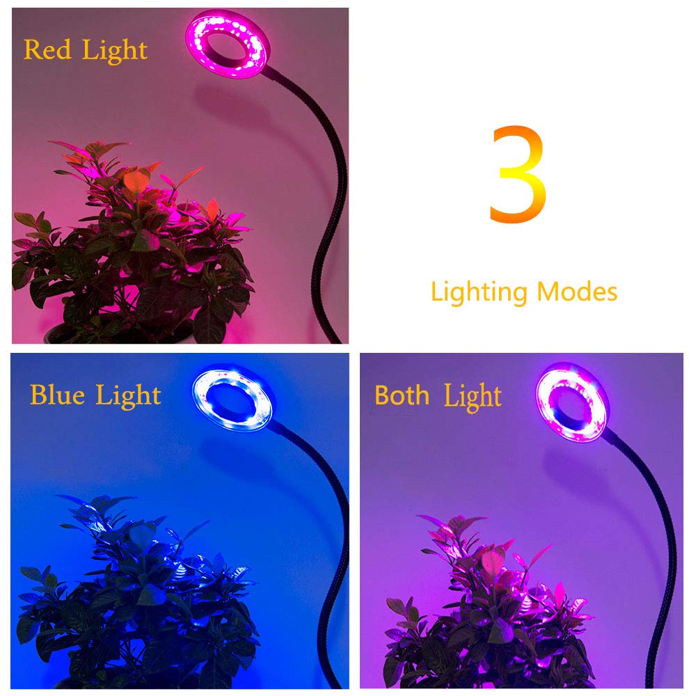 LED Plant Grow Light, Upgraded Timing Function (3H/6H/12H) 12W Clip On Plant Lamp with 360°Flexible Gooseneck, 24 LED 3 Lighting Modes 5 Level Dimmable Desk Table Growing Lamps for Indoor Plants Greenhouse Gardening
