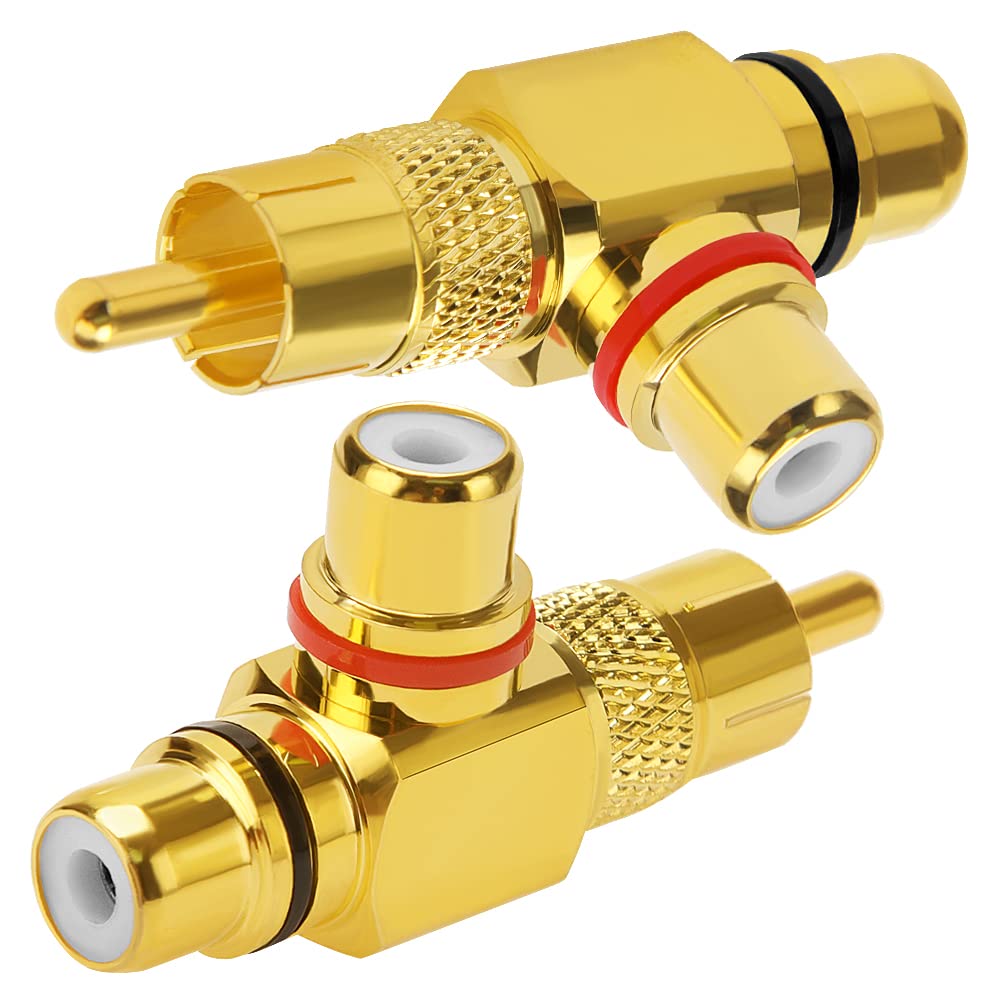 KUOQIY 2 PCS Gold Plated RCA Phono Splitter, 1 in 2 Out 90 Degree Right Angle RCA — image 1
