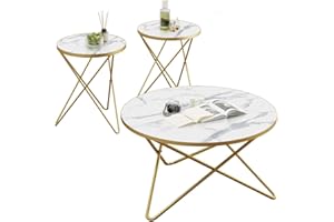 HLR Modern Round Coffee Table and Side Table Set of 3,End Table with Faux Marble Top and Gold Metal Frame, Side Table for Living Room, Bedroom, Sofa and Couch, Gold Legs, White Marble Top