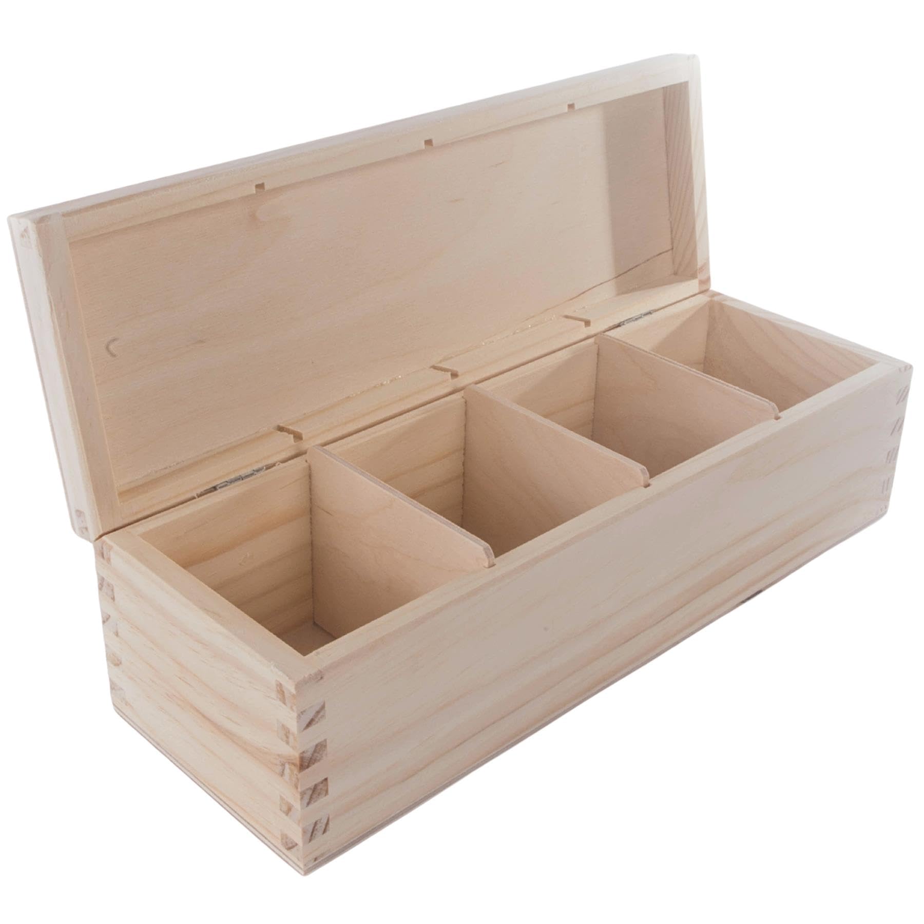 Rectangular Oblong Wooden Box with 4 Sections | 29 x 10 x 8 cm | Accessories Storage Case Tea Bag Sewing Jewellery Caddy Organiser Divided Compartments | Unpainted Decorative Wood