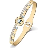 HUAGEO Stainless Steel 18K Gold Silver Plated Cute Rhinestone Evil Eyes Flower Bangle Hollow Out Cuff Bracelets Fun Jewelry For Women Charms Gifts