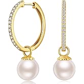 ZDaoBen Large Pearl Hoop Earrings for Women, 925 Sterling Silver Pearl Dangle Earrings 10MM, Two Wearing Styles, Pearl Jewelry for Women