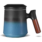 ZENS Gradient Blue Tea Cup with Infuser and Lid, 14.5oz Wood Handle Tea Mug, Loose Leaf Tea Steeper & Strainer, Tea Lovers Gifts