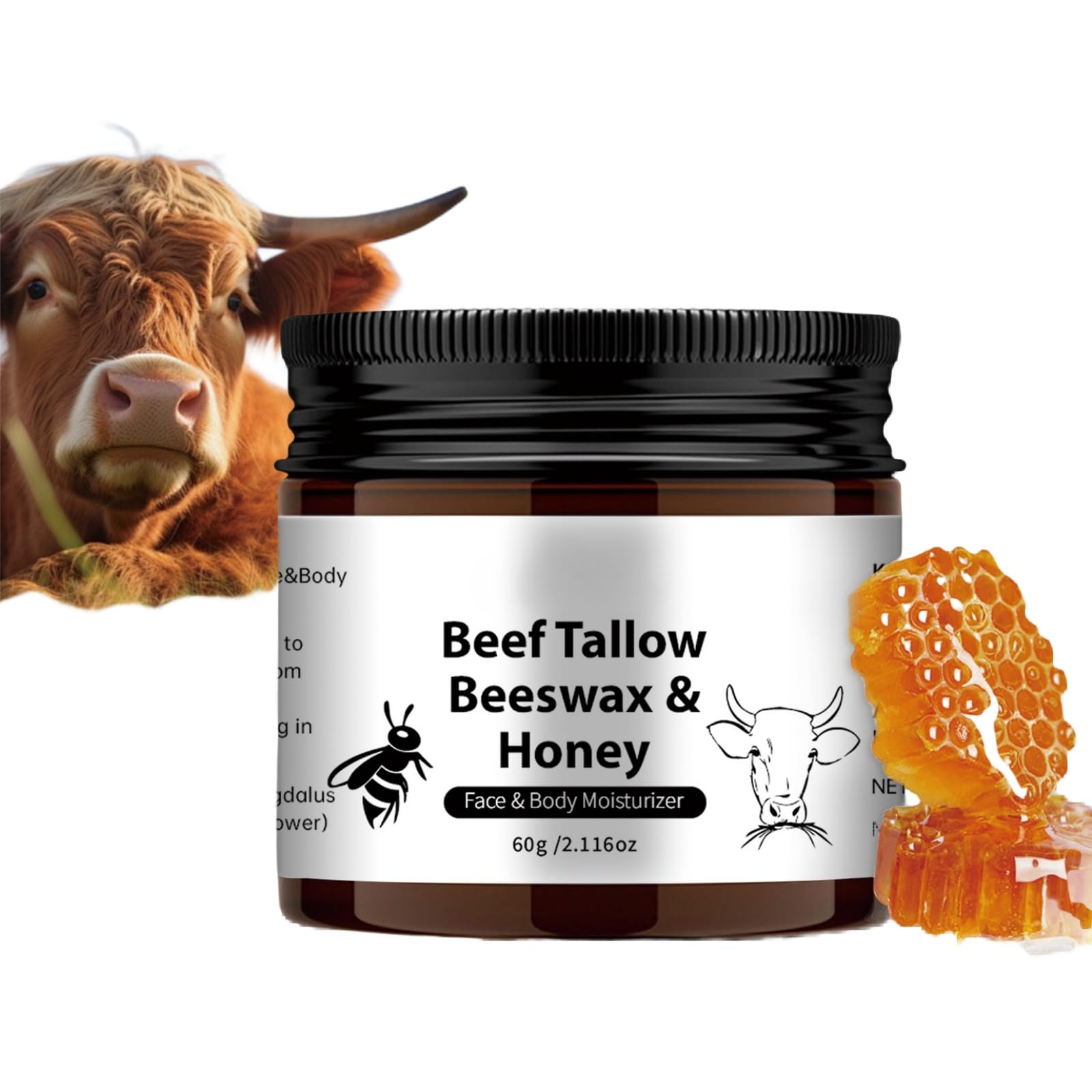 Nourishing Beef Tallow Honey Balm - Moisturizer Skin Care, Hydrating, Soothing, Moisturizing, for Face & Bodywith Beef Tallow Beeswax & Honey, Ideal for Dry Skin (60g)